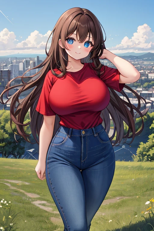 A Cute Young Woman, She has Long Lush Straight Brown Hair, Beautiful Blue Eyes, Big Breasts, Super Wide hips, and a slightly Muscular Body. She is wearing a Plain Red Shirt, and Blue Jeans. Standing On a Hill outside the city,