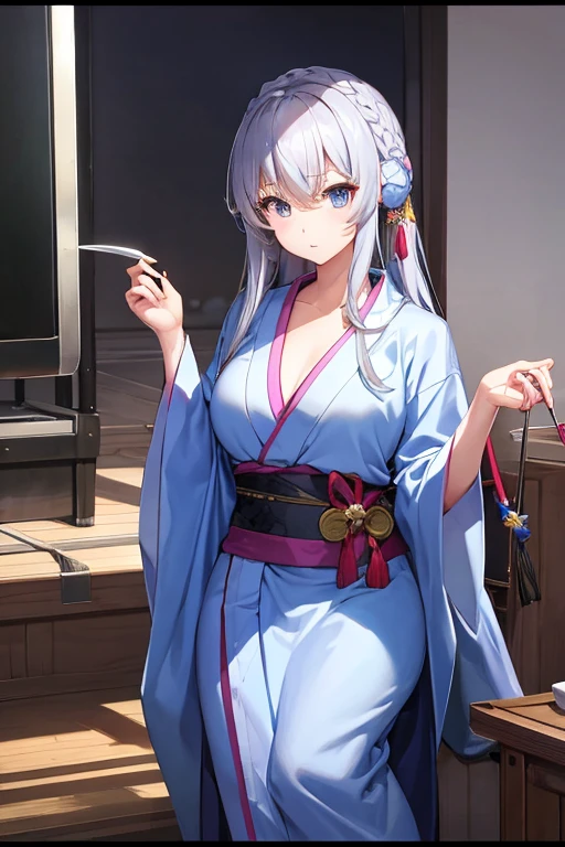 masterpiece, Highest quality, High resolution,Follow the on-screen instructions、Anime Style、Follow the on-screen instructions、One Girl、Long silver hair、Unbuttoned kimono、Lowering the sword to the waist