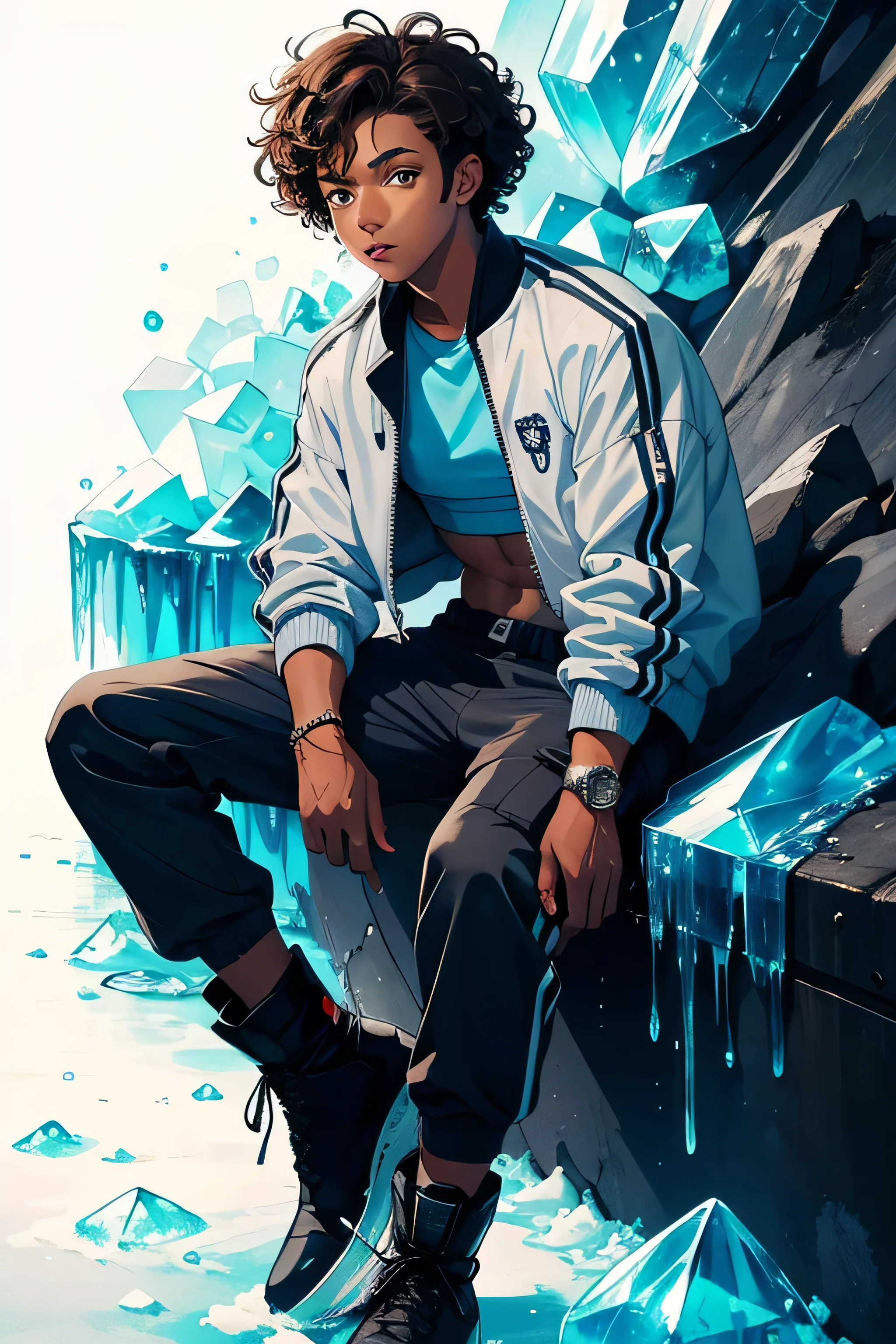 A dark-skinned boy with curly, light brown hair, clear ice blue eyes, wearing a gray crop top, a white and blue football jacket, a pair of cargo pants, a rock boot with some spikes and a strap with some crystal decorations