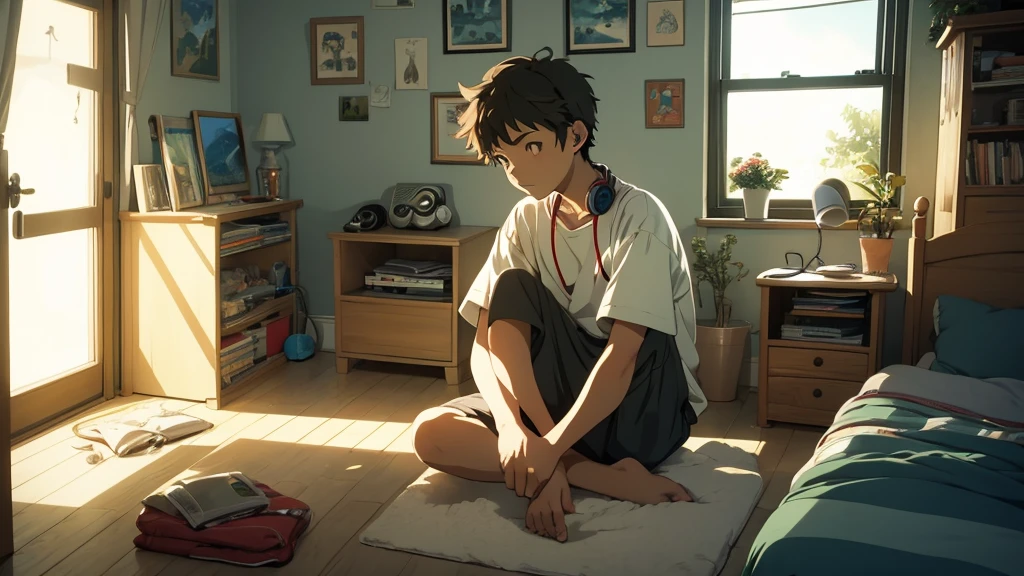 reminiscent of Studio Ghibli or Lofi illustrations, Thoughtful teenage boy in his room listening to music with headphones 