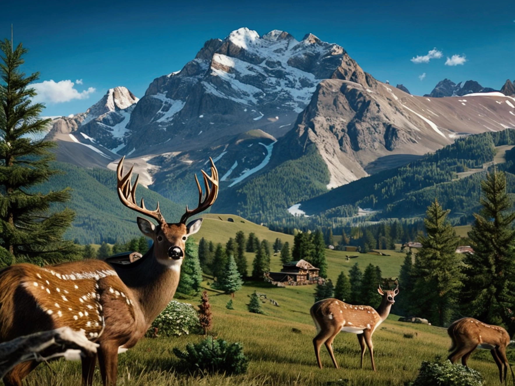 Majestic mountains,a deer, the last of us theme, zombies.