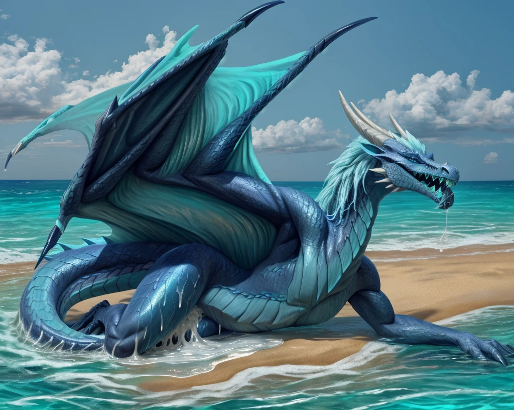 an extremely talented impressionist painting of mature AurothDOTA wyvern lying on beach, lying on side, cyan water, clear water, see-through water, tropic island background, ocean, wet, masterpiece, best quality, ultra-high-detailed, feral, female, anthro, detailed scales, slim body, athletic, curvy, light blue mane, uploaded on e621, nsfw, questionable content, scalie, wings, tail, wyvern, solo, open mouth, sharp teeth, saliva dripping, saliva string in mouth, drowning in semen, excessive cum in mouth, swallowing cum, throat bulge, cum overflow