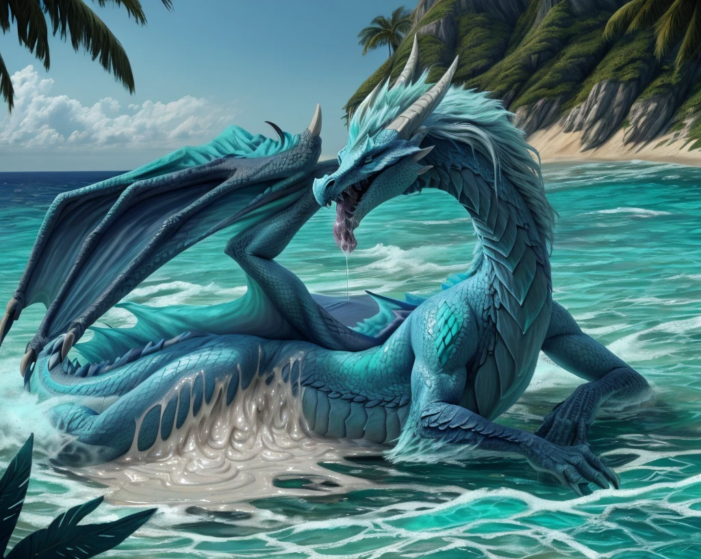 an extremely talented impressionist painting of AurothDOTA wyvern lying on beach, lying on side, cyan water, clear water, see-through water, tropic island background, ocean, wet, masterpiece, best quality, ultra-high-detailed, feral, female, anthro, detailed scales, slim body, athletic, curvy, light blue mane, uploaded on e621, nsfw, questionable content, scalie, wings, tail, wyvern, solo, open mouth, sharp teeth, saliva dripping, saliva string in mouth, drowning in semen,ssive cum in moutswallowing cum, throat bu, cum overflow