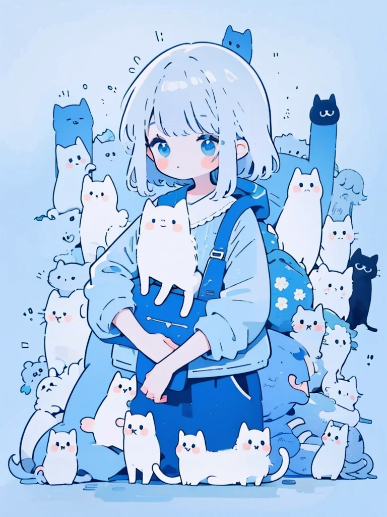 Cute cat, blue tone, girl with long, straight, silver hair, has bangs.