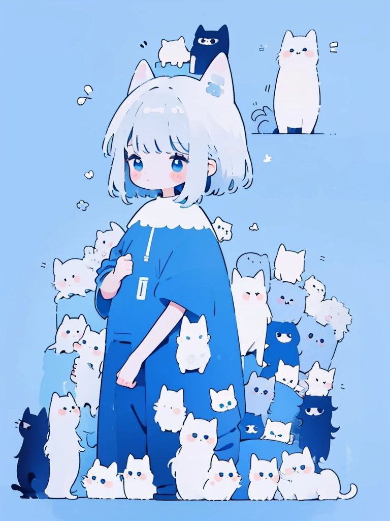 Cute cat, blue tone, girl with long, straight, silver hair, has bangs.