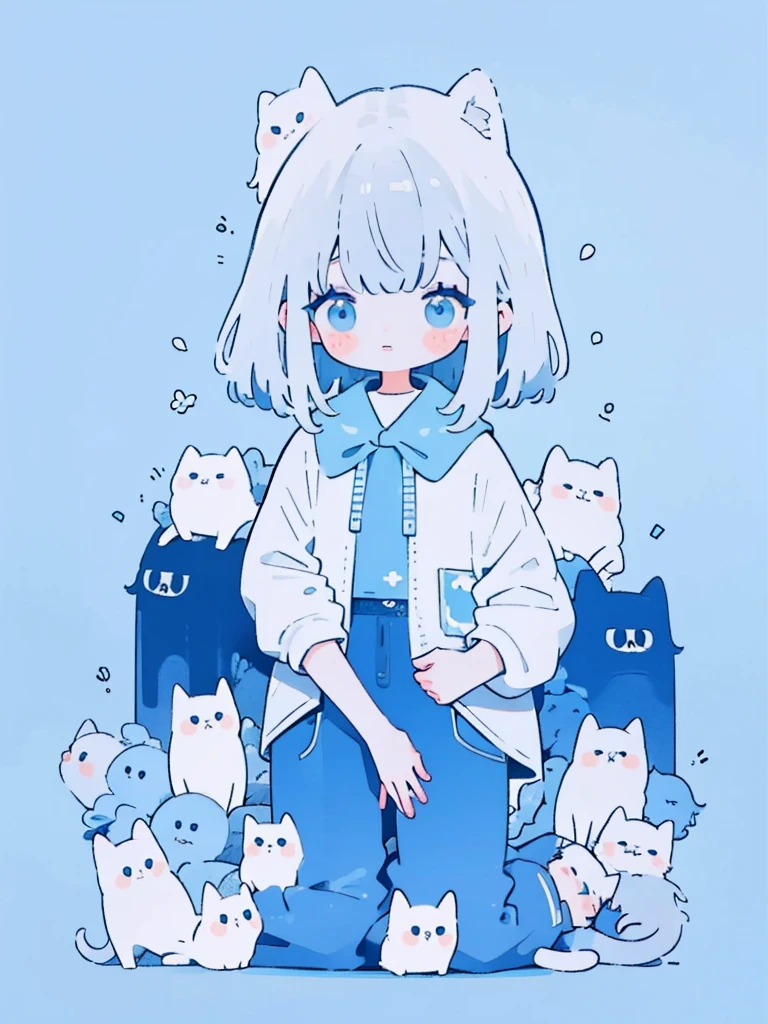 Cute cat, blue tone, girl with long, straight, silver hair, has bangs.