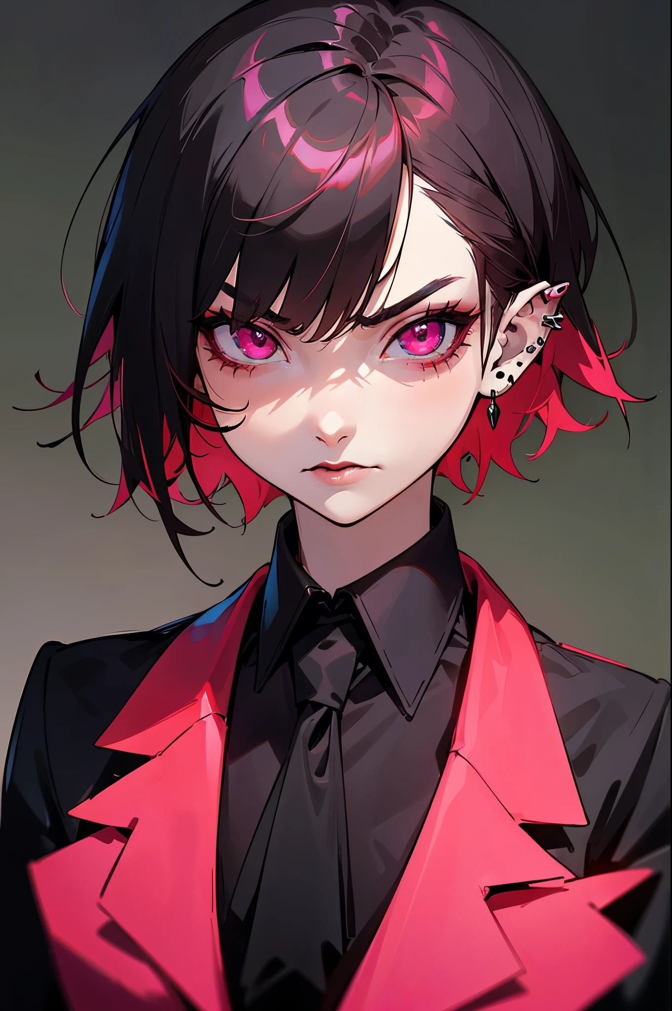 1 girl, portrait, goblin girl, green skin, red hair, short hair, bobcut, lip piercing, pink eyes, black shirt, black tie, black lipstick, black eye makeup, , angry, black background, hands behind back, office lady, buiseness suit, close-up