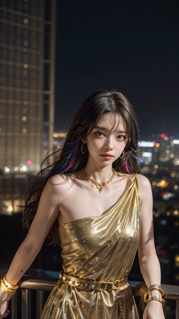 Gold handcuffs on the chain, around the neck,Dense city background with (many colorful Lights:1.2), from Skyscraper, { Volumetric lighting | 8K-resolution | bokeH | Professional camera work with Hasselblad | (Glow light effect) | Trajectories } .