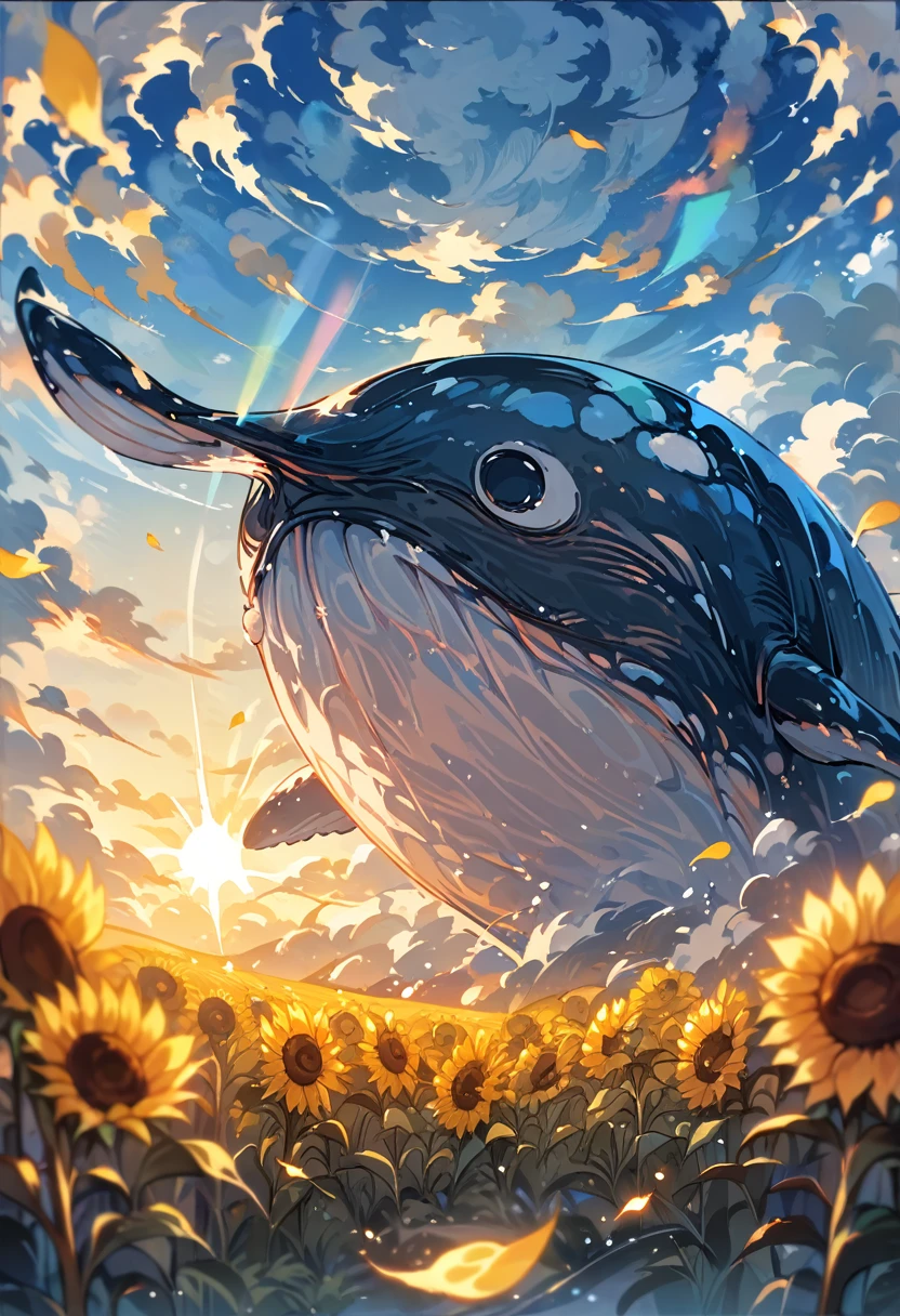 ((Masterpiece)), ((Best Quality)), (Very Detailed), ((Very Detailed)), 4K, (8K), very aesthetic, absurdres highres, A huge whale swims gracefully in the clear blue sky, drifting over a field of golden sunflowers. The summer sun softly illuminates the scene, and the mountains in the distance stretch out in the background. Light reflects off the whale's smooth skin, and the fine petals of the sunflowers sway in the wind. Fluffy white clouds float in the sky, creating an overall atmosphere of grandeur and peace.