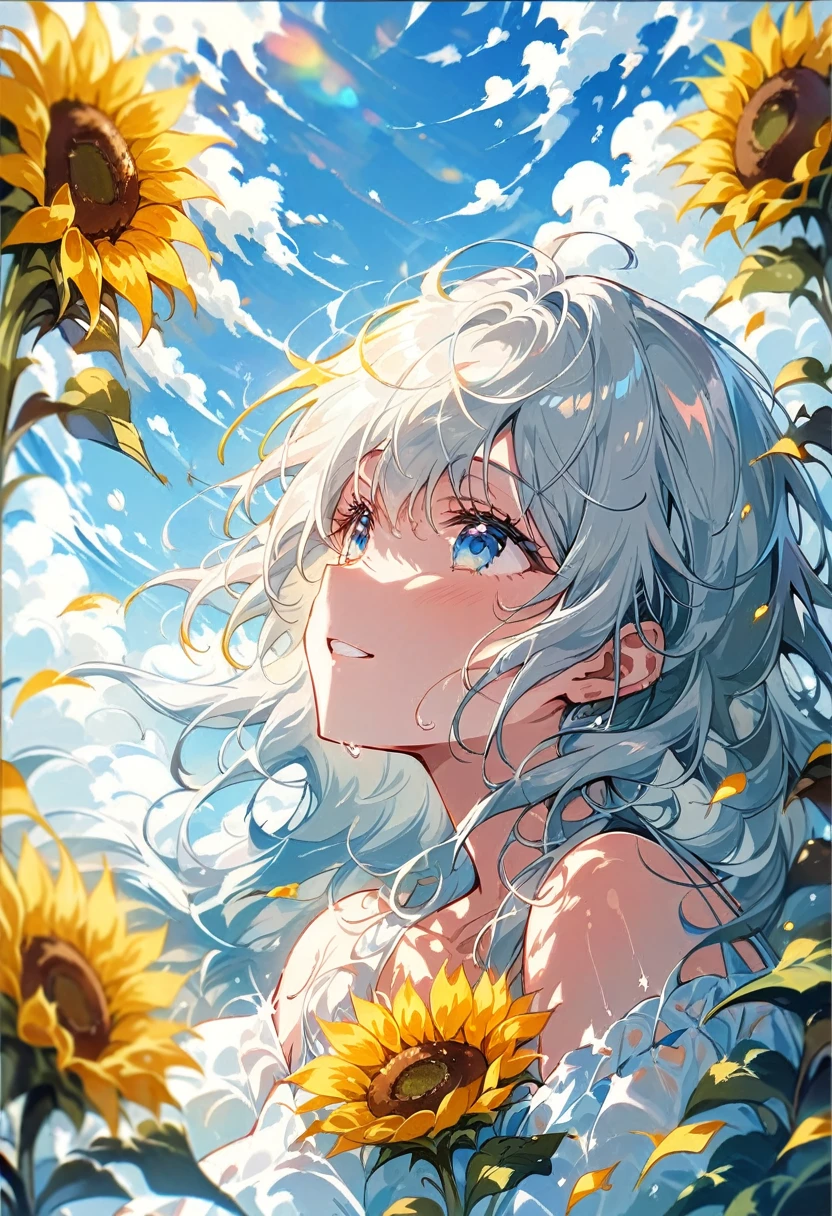 ((Masterpiece)), ((Best Quality)), (Very Detailed), ((Very Detailed)), 4K, (8K), very aesthetic, absurdres highres, A huge whale swims gracefully in the clear blue sky, drifting over a field of golden sunflowers. The summer sun softly illuminates the scene, and the mountains in the distance stretch out in the background. Light reflects off the whale's smooth skin, and the fine petals of the sunflowers sway in the wind. Fluffy white clouds float in the sky, creating an overall atmosphere of grandeur and peace.