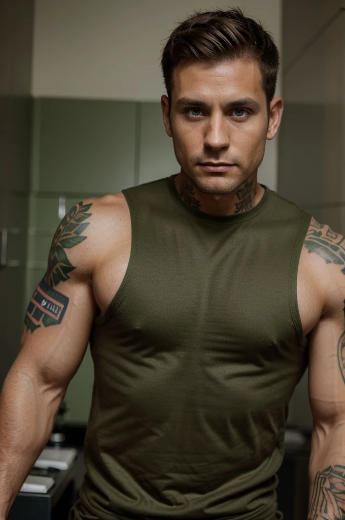30 year old man, Brown hair, green eyes, marked muscles, tattooed, tanned skin, Tight military clothing