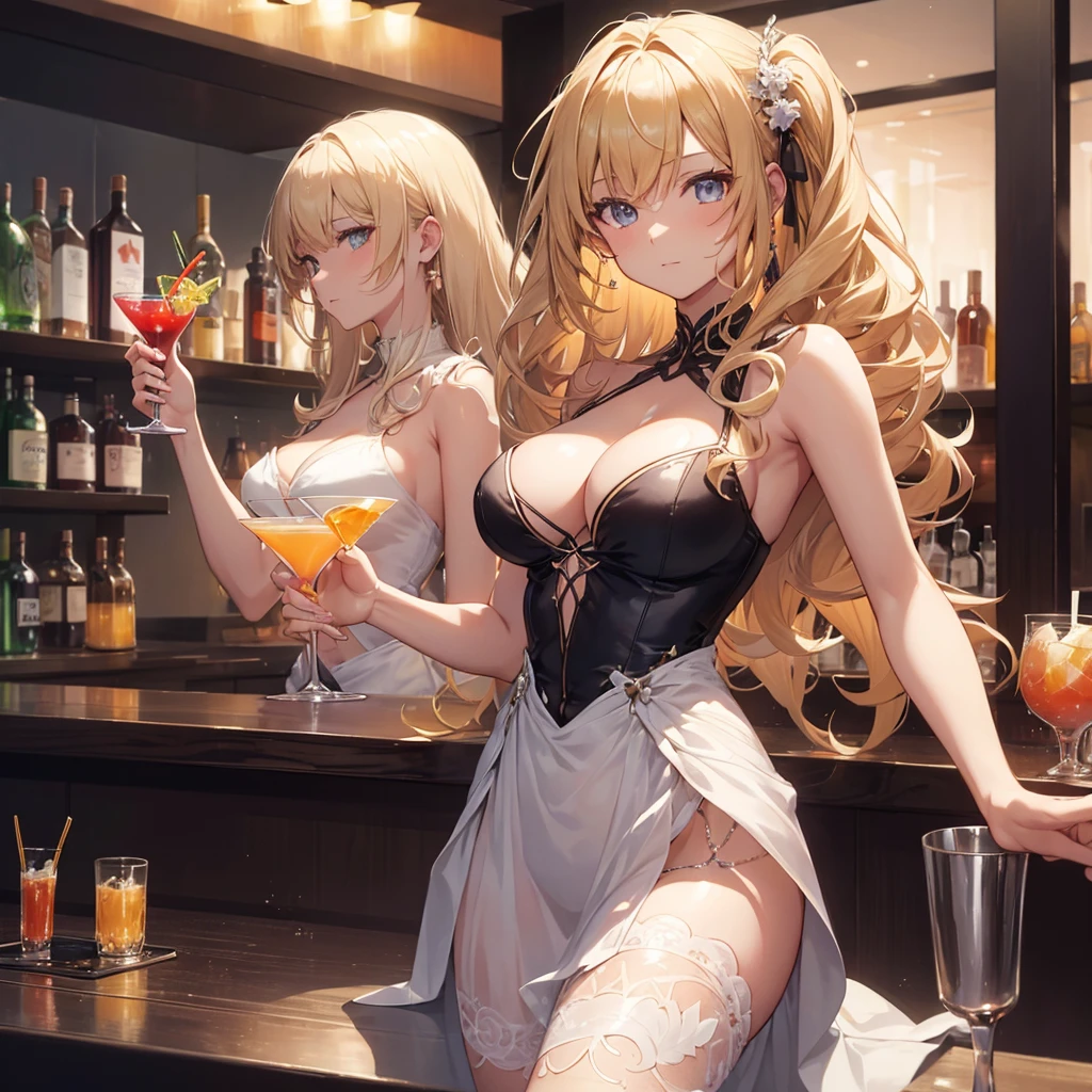 Anime girl in a dress holding a cocktail glass,blonde, Curly Hair, Side Lock, Big Hair, Modern, Motion Lines, Viewfinder, From the side, Ultra-high resolution, (masterpiece, Textured skin), ((Very detailed)), Highest quality, Enjoy a cocktail in a relaxed atmosphere at our full bar. Woman drinking martini, Gorgeous Ball Gowns, ((1 cocktail glass)), At the bar counter