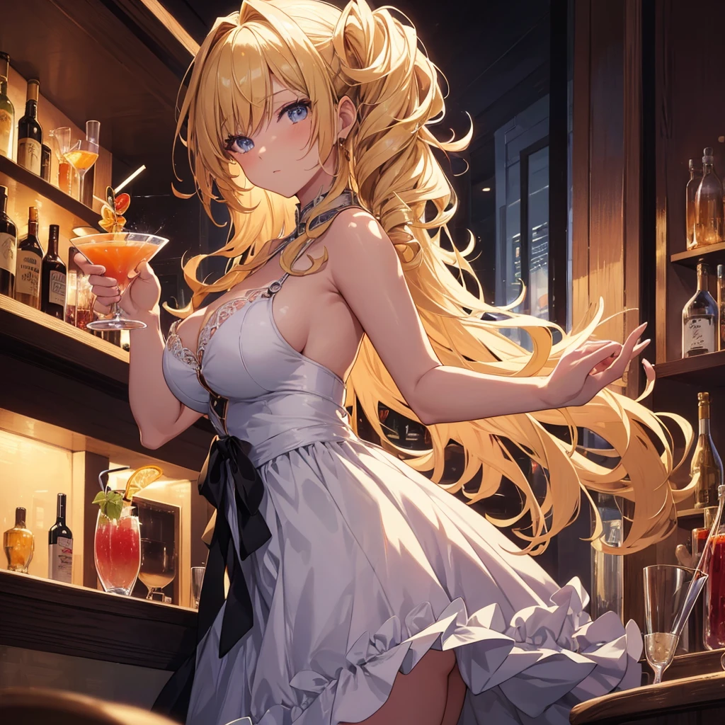 Anime girl in a dress holding a cocktail glass,blonde, Curly Hair, Side Lock, Big Hair, Modern, Motion Lines, Viewfinder, From the side, Ultra-high resolution, (masterpiece, Textured skin), ((Very detailed)), Highest quality, Enjoy a cocktail in a relaxed atmosphere at our full bar. Woman drinking martini, Gorgeous Ball Gowns, ((1 cocktail glass)), At the bar counter