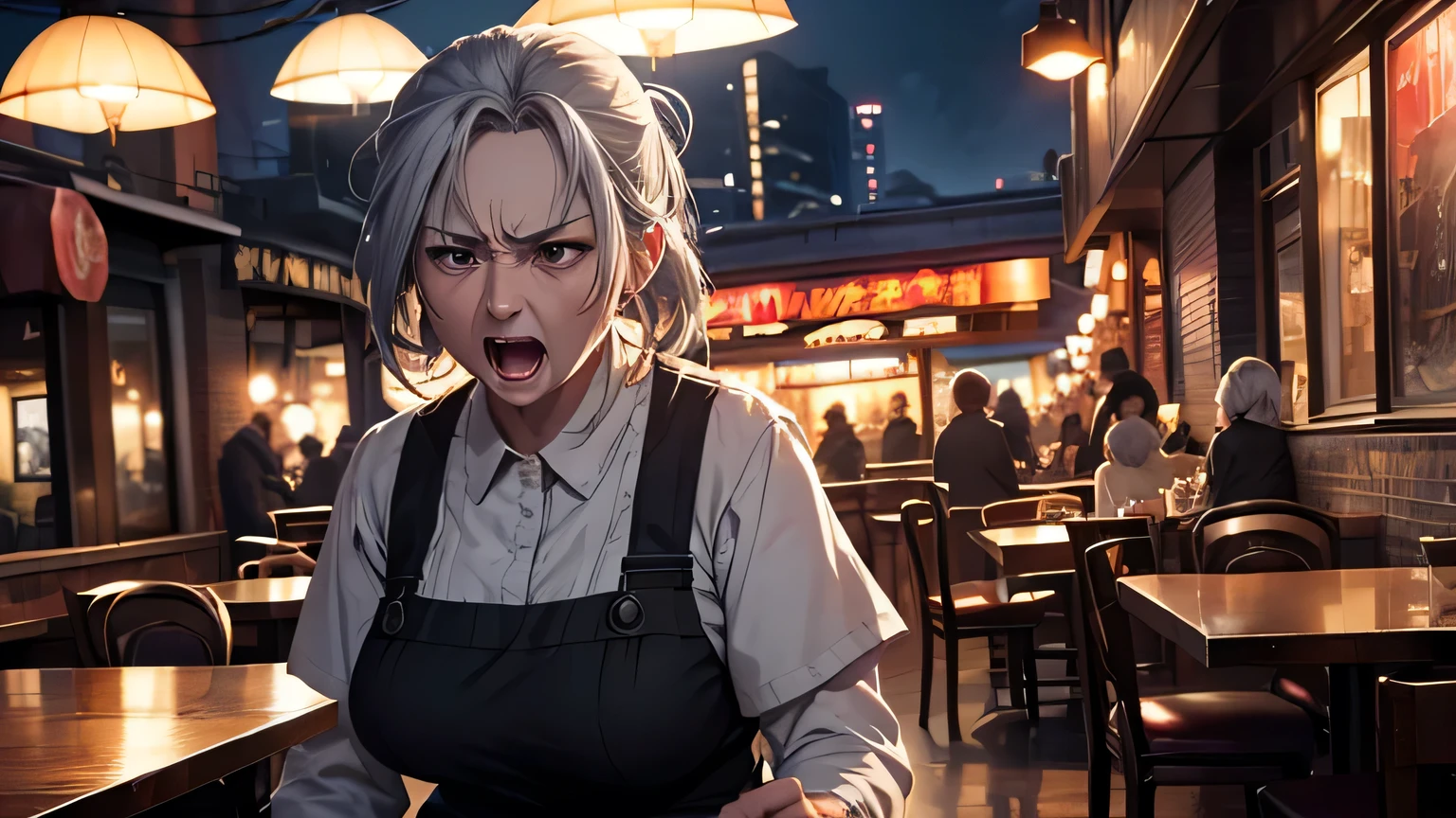 elderly waitress, 50 years old, gray hair, angry, screaming, restaurant, night, realistic, photorealistic, 8k, highres, masterpiece, ultra-detailed, sharp focus, physically-based rendering, vivid colors, dramatic lighting