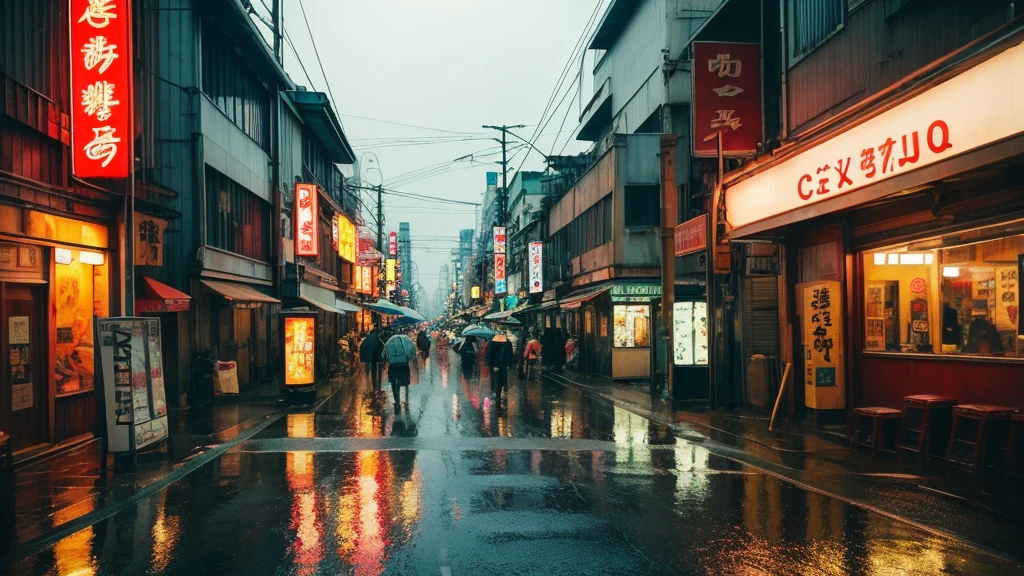 Create a retro-style image of the rainy streets of Tokyo。A light rain is falling in the city、The buildings and streets are painted in retro colors.。There are old signs and electric lights in the streets.、Old trains and cars run along the rain-soaked roads.。The town is quiet and calm.、people々is walking with an umbrella。Please draw a retro landscape of a rain-soaked city.。