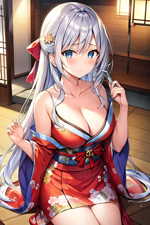 masterpiece, Highest quality, High resolution，Follow the on-screen instructions、Anime Style、Follow the on-screen instructions、One Girl、Long silver hair、A slightly open kimono、A glimpse of cleavage、knife