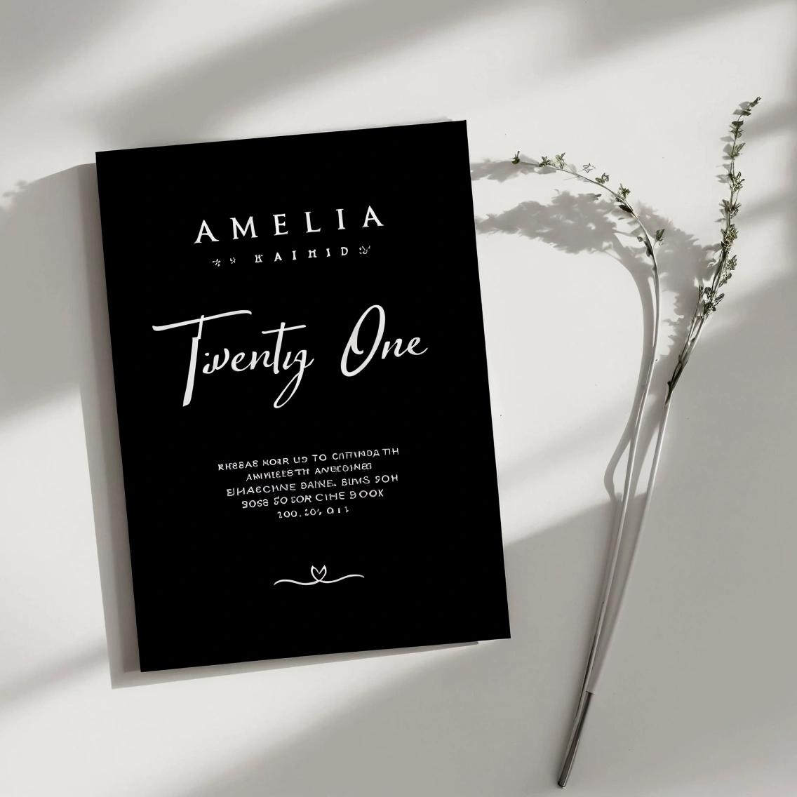 a close-up of a book with a plant on a table, inspired by Chyntia tavares Poster template on Canva, white font on black screen, provocation, isabella, invitation, Birthday, inspired by Arabella Rankin, black theme, in white lettering, inspired by Amélia Peláez, inspired by Emma Andijewska