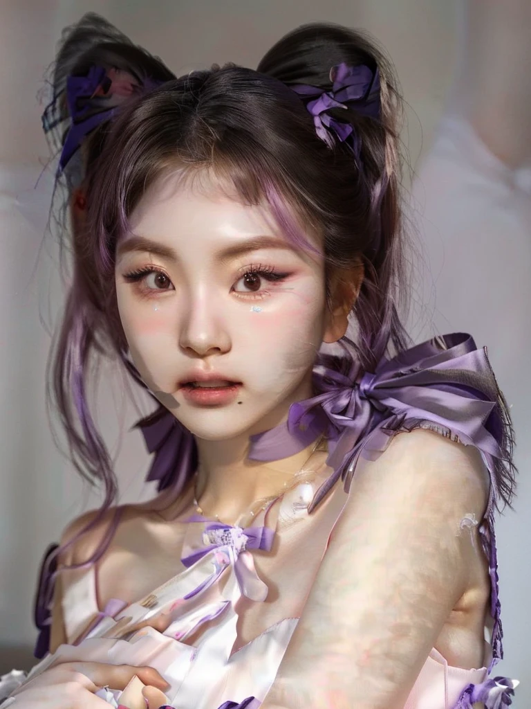 araffada asian woman with a purple bow and a purple ribbon, heonhwa choe, parque me, korean girl, South Korean popular makeup, Beautiful young Korean woman, beautiful chinese model, beautiful south korean woman, popular korean makeup, ulzzang, jennie pink black, Beautiful young Korean woman, sakimichan, Jiyun Chae