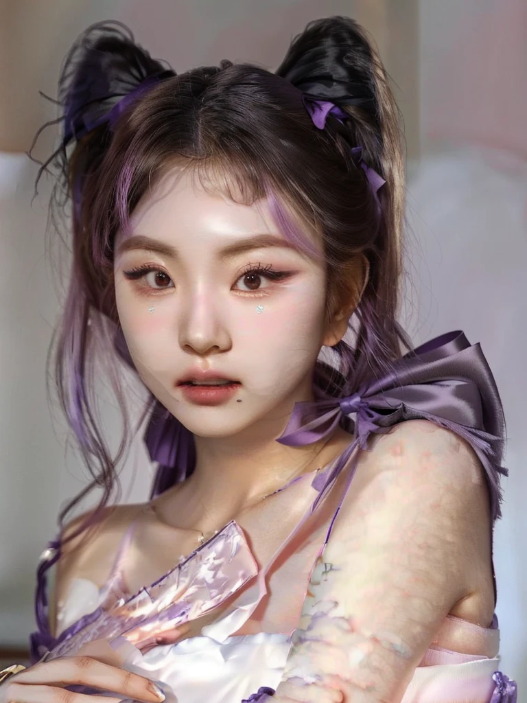 araffada asian woman with a purple bow and a purple ribbon, heonhwa choe, parque me, korean girl, South Korean popular makeup, Beautiful young Korean woman, beautiful chinese model, beautiful south korean woman, popular korean makeup, ulzzang, jennie pink black, Beautiful young Korean woman, sakimichan, Jiyun Chae