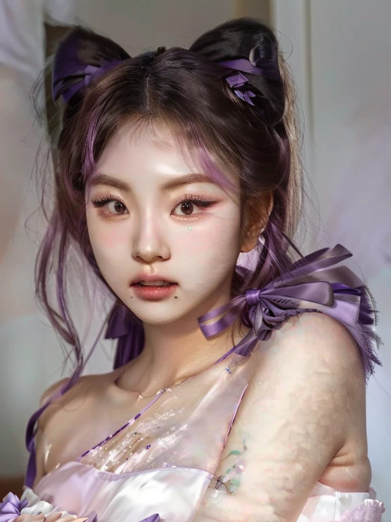 araffada asian woman with a purple bow and a purple ribbon, heonhwa choe, parque me, korean girl, South Korean popular makeup, Beautiful young Korean woman, beautiful chinese model, beautiful south korean woman, popular korean makeup, ulzzang, jennie pink black, Beautiful young Korean woman, sakimichan, Jiyun Chae