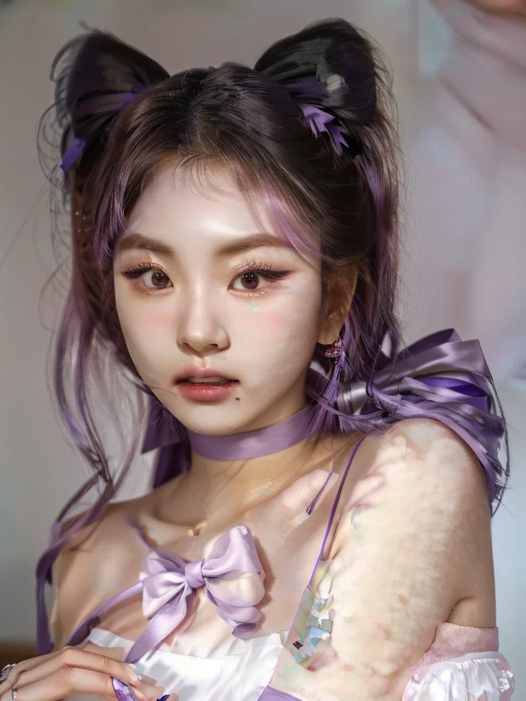 araffada asian woman with a purple bow and a purple ribbon, heonhwa choe, parque me, korean girl, South Korean popular makeup, Beautiful young Korean woman, beautiful chinese model, beautiful south korean woman, popular korean makeup, ulzzang, jennie pink black, Beautiful young Korean woman, sakimichan, Jiyun Chae