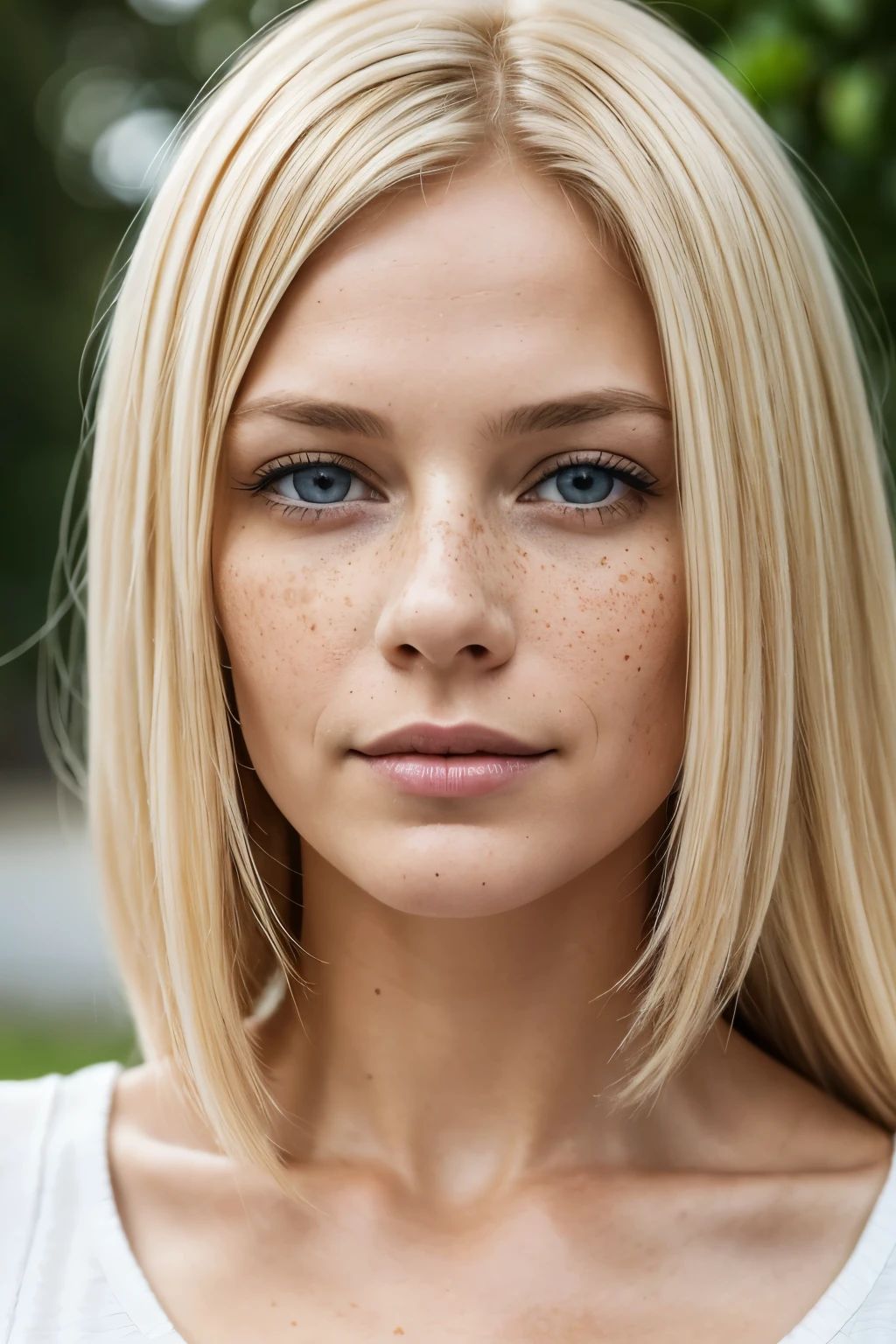 woman, 1,73m, 65kg, straight uncolored medium blonde hair, natural type, a few freckles, 40 years old, blue-grey eyes, German