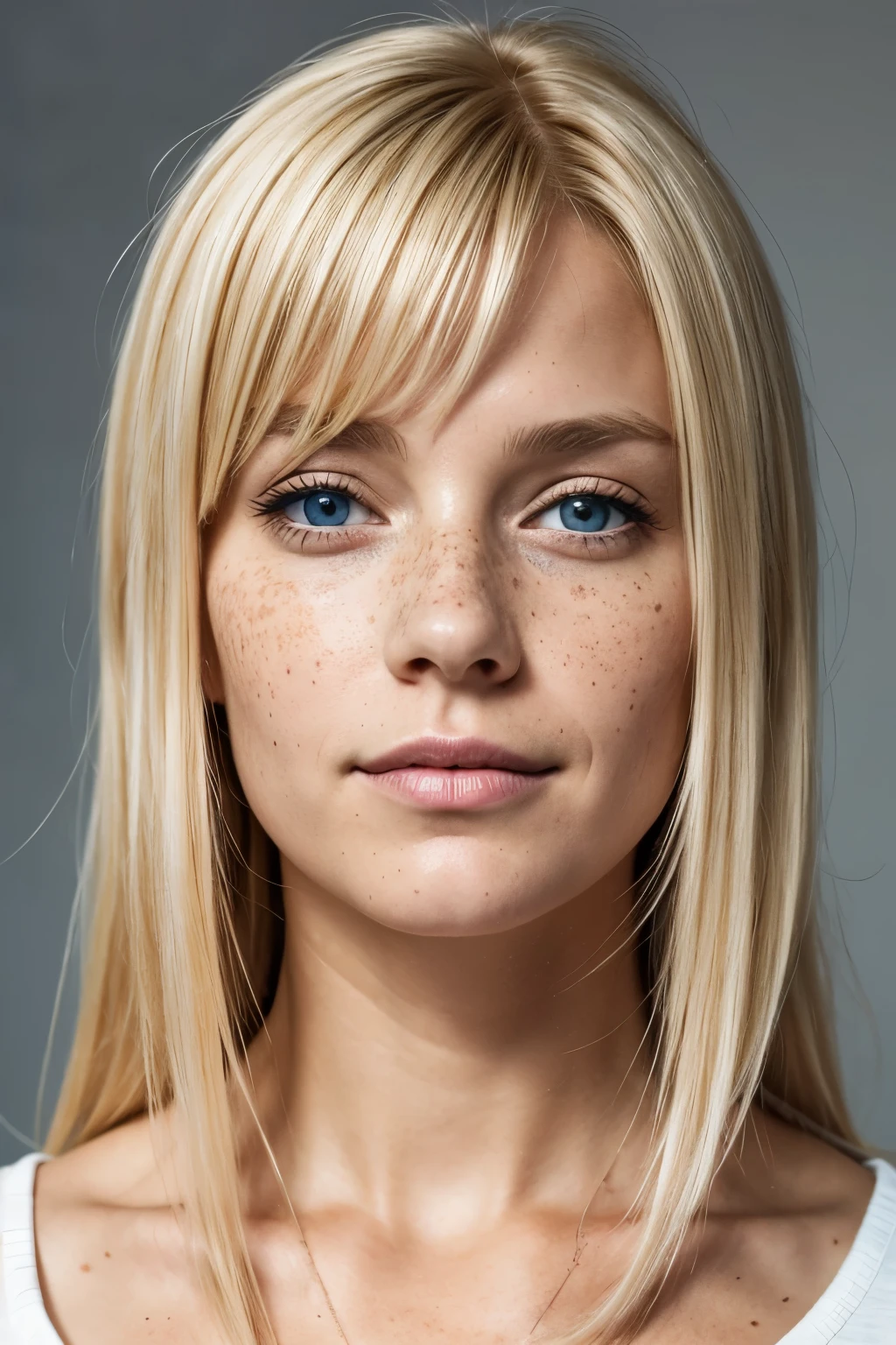 woman, 1,73m, 65kg, straight uncolored medium blonde hair, natural type, a few freckles, 40 years old, blue-grey eyes, German