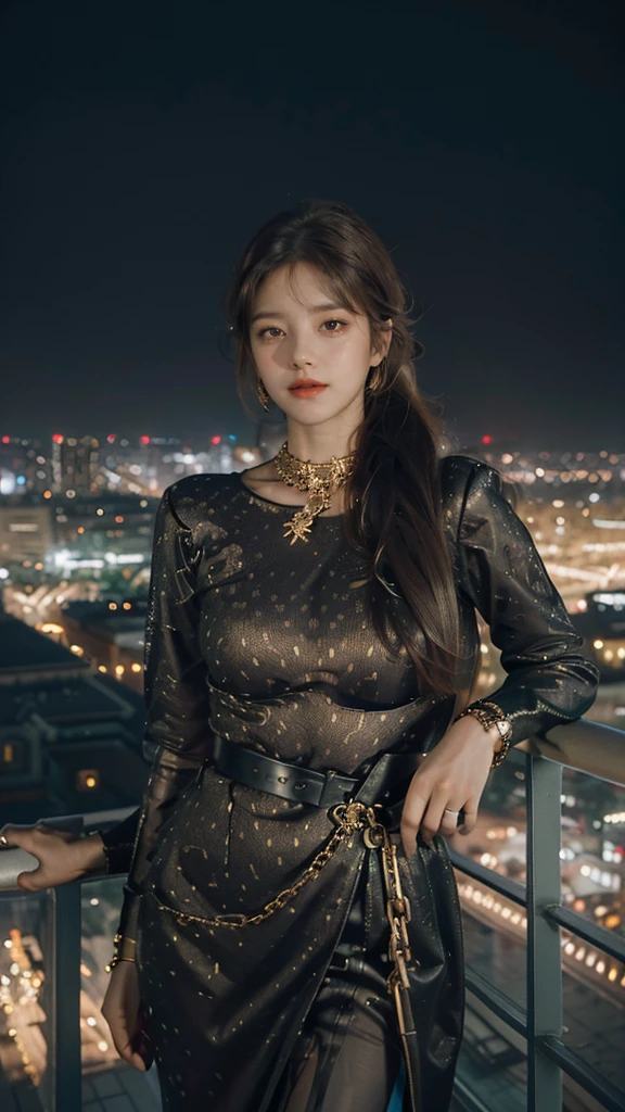 Gold handcuffs on the chain, around the neck,Dense city background with (many colorful Lights:1.2), from Skyscraper, { Volumetric lighting | 8K-resolution | bokeH | Professional camera work with Hasselblad | (Glow light effect) | Trajectories } .