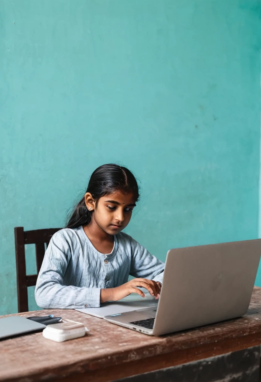 Indian girl sitting at table using laptop 