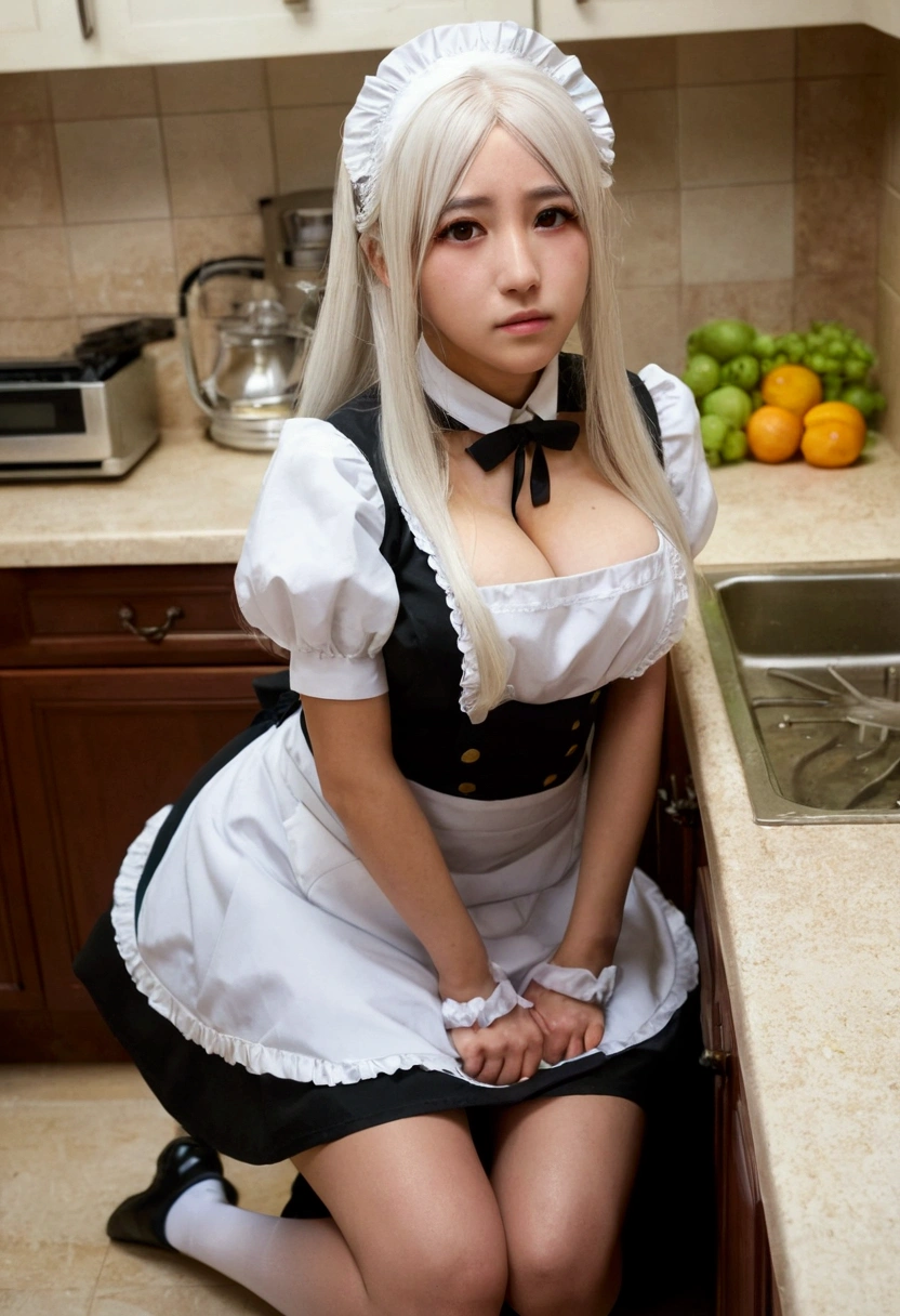 1girl with long white hair, brown eyes, maid uniform, big breasts, rich kitchen, disgust on face, on knees, POV