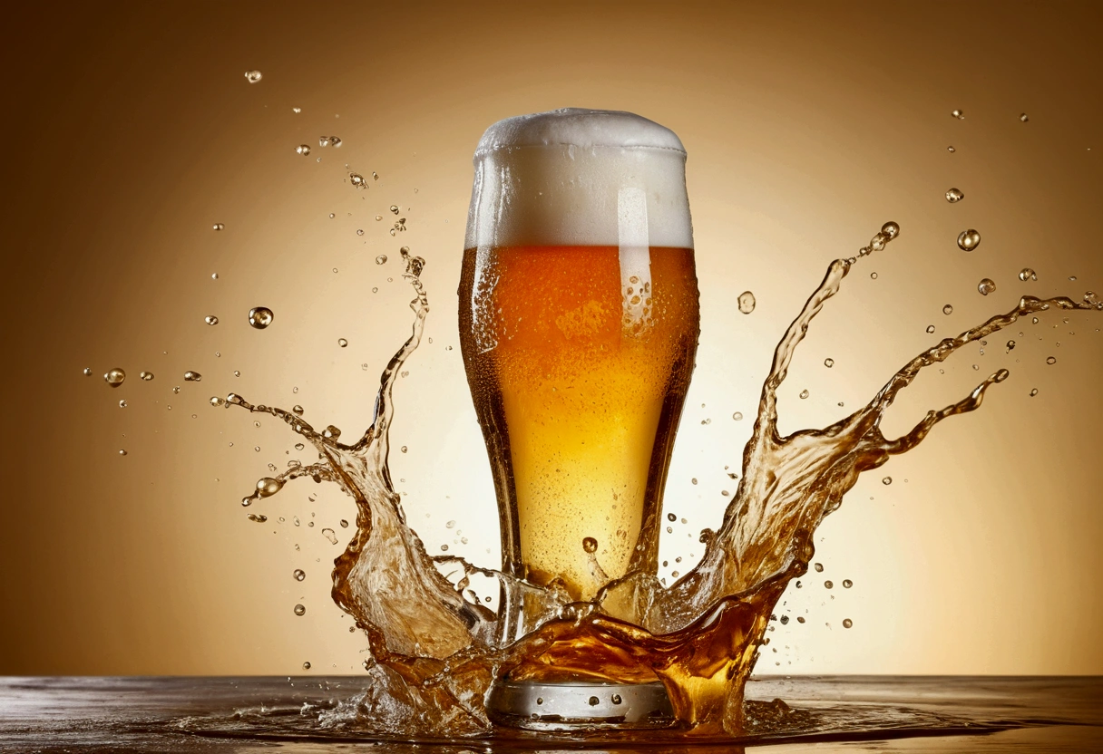 a picture of a craft beer, beer splashing in the elegant cream color background like in a commercial, everything in focus