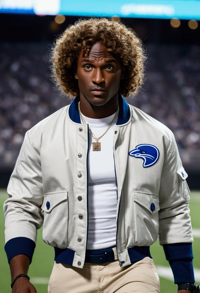 A dark-skinned man with curly, light brown hair, (blue colored eyes), wearing a gray crop top and a white football jacket, wearing cargo pants