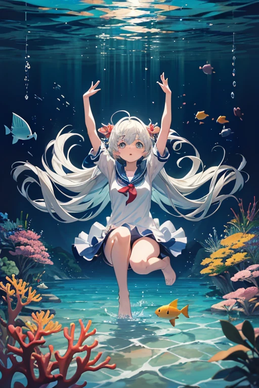 masterpiece, Highest quality, High resolution，Follow the on-screen instructions、Anime Style、Follow the on-screen instructions、One Girl、Long silver hair、Coral Reef、fish、Drop position、Falling、Look up, bend your knees, and reach your arms out toward the water.、Staring at the surface of the water、Deep Sea、Angle is horizontal