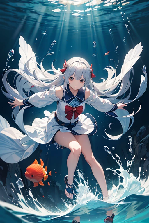 masterpiece, Highest quality, High resolution，Follow the on-screen instructions、Anime Style、Follow the on-screen instructions、One Girl、Long silver hair、Coral Reef、fish、Drop position、Falling、Look up, bend your knees, and reach your arms out toward the water.、Staring at the surface of the water、Deep Sea、Angle is horizontal