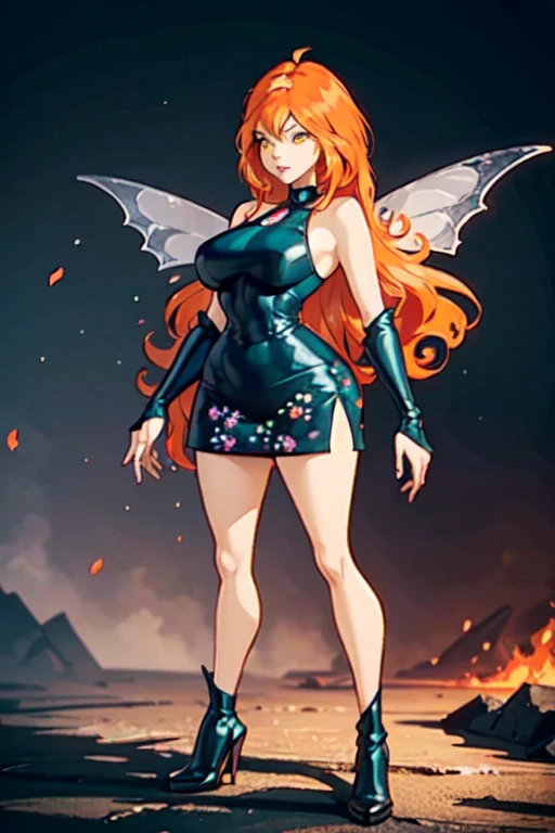 (ultra realistic,32 mil, work of art:1.2),(highly detailed skin:1.1),( high qualiy:1.1), dark flower,evil, hair orange, yellow  eyes, detailed eyes, face detailed, booties, Black Skirt, mitts, black jersey, wings, Glossy clothing, thicc thighs, field of flowers, flowers,sunshine light, pollen, pollen particles, nblurry background,, (Huge breasted,large breasted:1.1),(looking ahead at viewer, standing:1.1),(volumetric lighting:1.1),