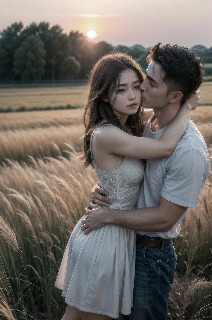 Photo of a couple kissing, A man holds a woman in his arms in a romantic moment., View of open fields at sunset, 8ก, Superb details, Super defined., Highest quality, realistic textures, high resolution model, Highly detailed, F1 aperture.2,