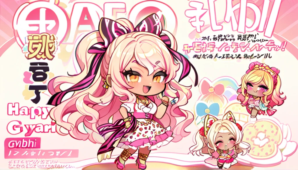 1 chibi gyaru girl, dark skin, chibi person of color, gyaru style clothes, gyaru magazine cover, gyaru , fashion magazine, happy pose , leopard prints, lots of accessories, agejo style gyaru, 