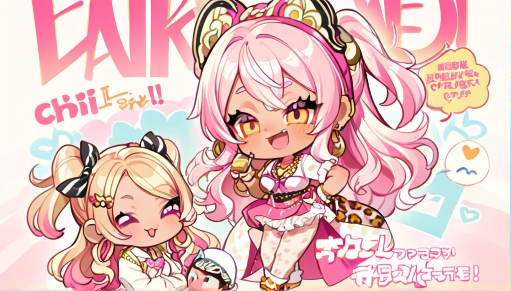 1 chibi gyaru girl, dark skin, chibi person of color, gyaru style clothes, gyaru magazine cover, gyaru , fashion magazine, happy pose , leopard prints, lots of accessories, agejo style gyaru, 