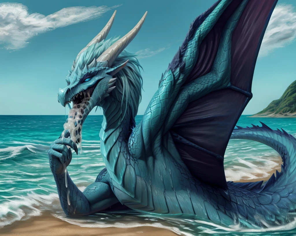 an extremely talented impressionist painting of mature AurothDOTA wyvern lying on beach, lying on side, cyan water, clear water, see-through water, tropic island background, ocean, wet, masterpiece, best quality, ultra-high-detailed, feral, female, anthro, detailed scales, slim body, athletic, curvy, light blue mane, uploaded on e621, nsfw, questionable content, scalie, wings, tail, wyvern, solo, open mouth, sharp teeth, saliva dripping, saliva string in mouth, thick semen, excessive cum in mouth, swallowing cum, throat bulge, cum overflow, cum strings all over face, close up on face, mouth full of cum, cum bubbles, cum drunk, lusty, mind control, swirly eyes, cum drinking contest