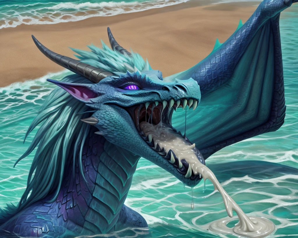 an extremely talented impressionist painting of mature AurothDOTA wyvern lying on beach, lying on side, cyan water, clear water, see-through water, tropic island background, ocean, wet, masterpiece, best quality, ultra-high-detailed, feral, female, anthro, detailed scales, slim body, athletic, curvy, light blue mane, uploaded on e621, nsfw, questionable content, scalie, wings, tail, wyvern, solo, open mouth, sharp teeth, saliva dripping, saliva string in mouth, thick semen, excessive cum in mouth, swallowing cum, throat bulge, cum overflow, cum strings all over face, close up on face, mouth full of cum, cum bubbles, cum drunk, lusty, mind control, swirly eyes, cum drinking contest