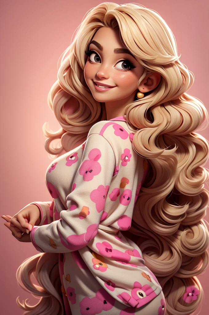 Anastasia Karanikolaou
 long hair, pajama pink with dots, blonde hair , big lips, smiling
