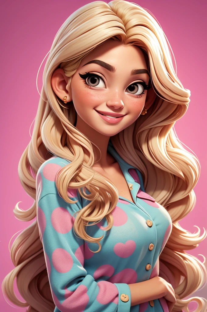 Anastasia Karanikolaou
long hair, pajama pink with dots, blonde hair , big lips, smiling