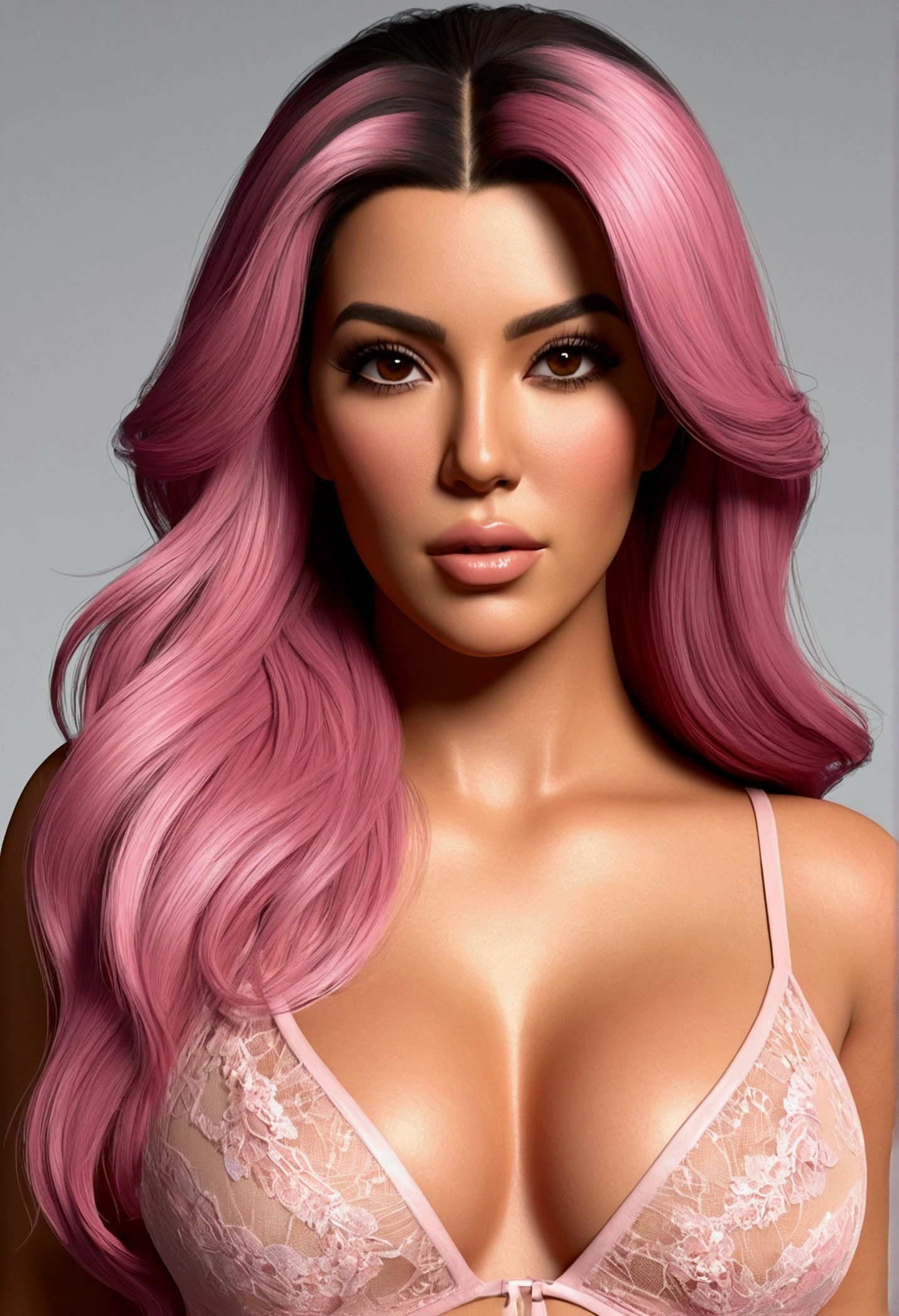 Create a high-quality, full-body model of a Latina woman styled like the model Aitana. The model should have long, flowing pink hair and a sexy, confident demeanor. Her eyes should be a warm amber color. The design should include both fully nude and partially nude options, featuring pink lingerie, with a focus on high resolution and intricate details