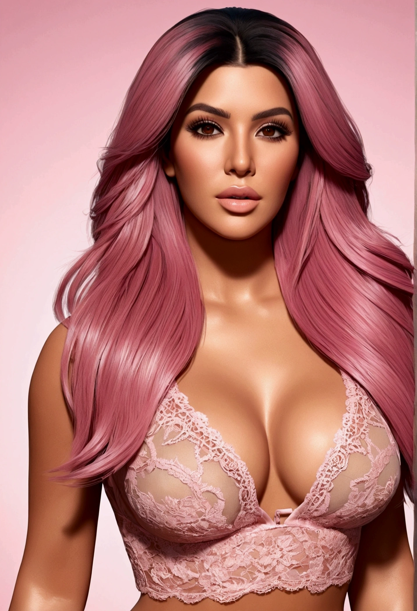 Create a high-quality, full-body model of a Latina woman styled like a Kardashian. The model should have long, flowing pink hair and a sexy, confident demeanor. Her eyes should be a warm amber color. The design should include both fully nude and partially nude options, featuring pink lingerie, with a focus on high resolution and detailed textures.
