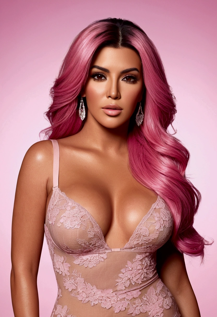 Create a high-quality, full-body model of a Latina woman styled like a Kardashian. The model should have long, flowing pink hair and a sexy, confident demeanor. Her eyes should be a warm amber color. The design should include both fully nude and partially nude options, featuring pink lingerie, with a focus on high resolution and detailed textures.