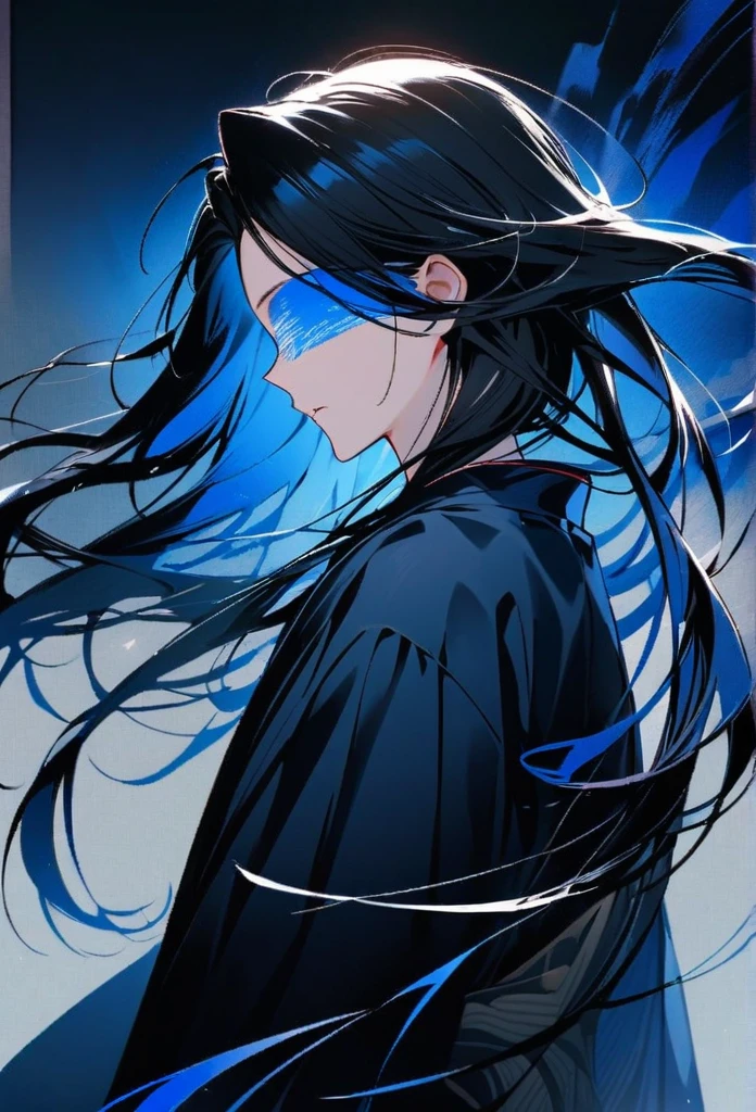 Japanese。male。Sharp Eye。Very long black hair。Plain blue kimono(Dressed in kimono)。A strong wind blows my hair back。Cover your eyes with hair。The background is blue light。Stand up straight。An illustration。picture。