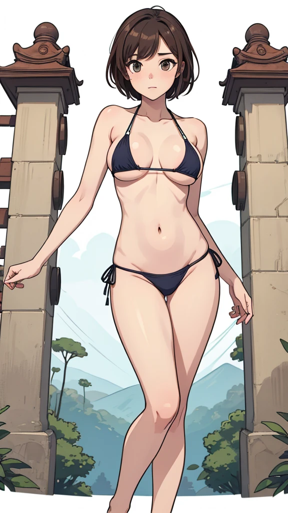 (((masterpiece, best quality, ultra highres, 1 girl, solo, no background))), super detailed skin and face and eyes and finger, beautiful japanese woman, small breasts:1.5, skinny, light brown hair, white background, very short pixie hair, Knee shot, Generate with illustrations, Various expressions, Various poses, Please draw the entire character within the frame, ensuring that the head, arms, and legs are not cut off. The background should be simple, with the character positioned centrally, outline, anime, 2d, boyish, tiny microbikini swimsuit, spread legs,