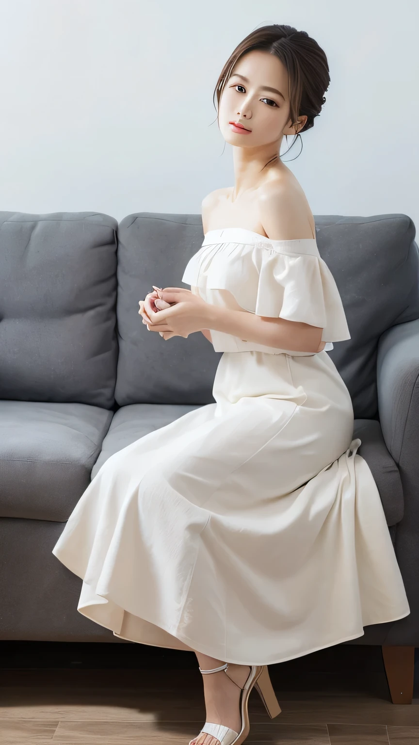 You are a professional photographer。masterpiece、８K、Highest quality, Soft Light, Ultra-high resolution, (Realistic:1.4), RAW Photos, 30 years old 、(A full-body photo from head to toe:1.4)、One Japanese woman, alone, A very beautiful woman、(pupil, light in your eyes), Natural black eyes、Beautiful face in every detail, (Small Box),(High resolution detail of human skin texture)、Off-the-shoulder cut-and-sew top with a long skirt、Wearing high heels、housewife、(Portraiture)、
