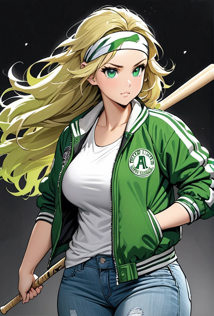 chubby girl, blonde,A green streak in her hair, green eyes, long hair, open forehead, no bangs, shaggy hair, headband, jacket, jacket in black and white square, blue jeans, baseball bat, big breasts