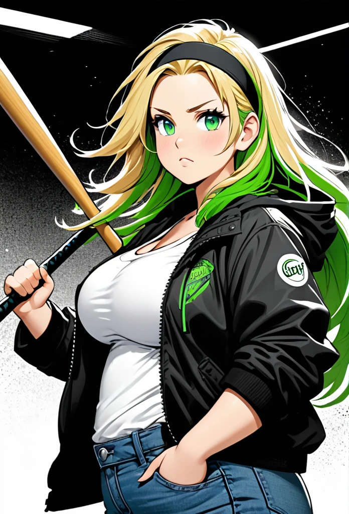 chubby girl, blonde,A green streak in her hair,  green eyes, long hair, open forehead, no bangs, shaggy hair, headband, jacket, jacket in black and white square, blue jeans, baseball bat, big breasts 